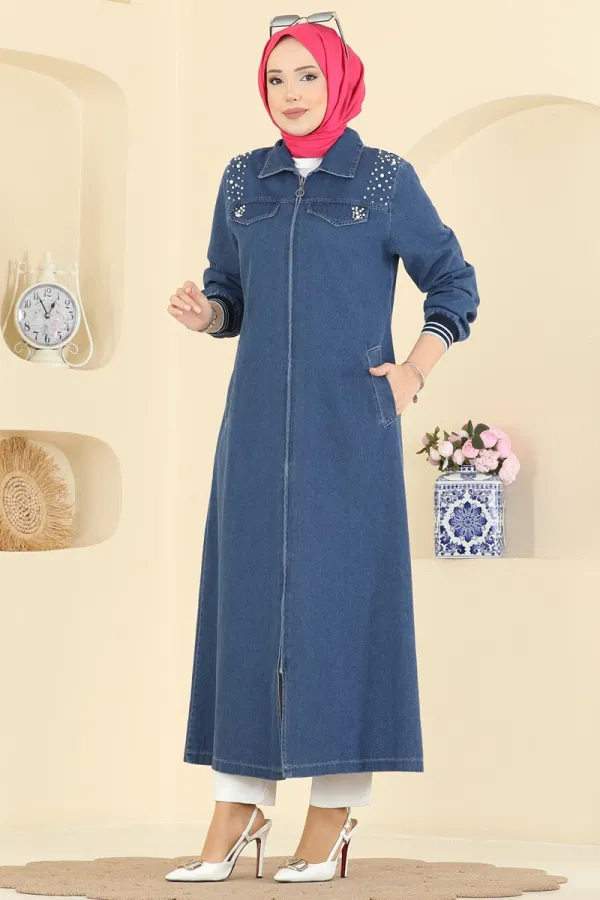 Modaselvim Ferace Taş İşlemeli Kot Ferace 7808ORG1169 Koyu Kot