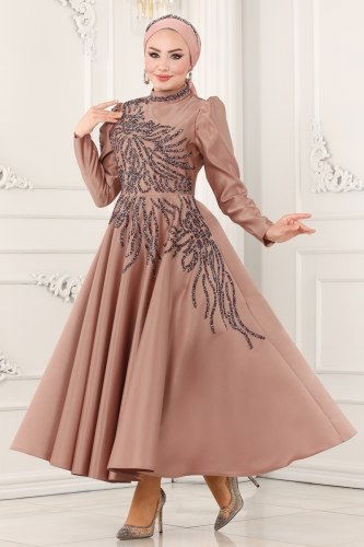 moda selvim Taş İşlemeli Midi Saten Abiye 6485YG95 Bronz - Thumbnail