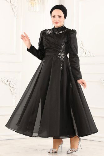 moda selvim Taş İşlemeli Organze Midi Abiye 6481YG95 Siyah - Thumbnail