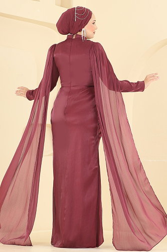 moda selvim Taş İşlemeli Pelerinli Abiye 5717DMNK1166 Bordo - Thumbnail