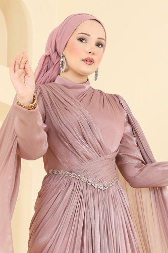 moda selvim Taş İşlemeli Pelerinli Abiye 5717DMNK1166 Gül Kurusu - Thumbnail