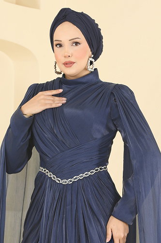 moda selvim Taş İşlemeli Pelerinli Abiye 5717DMNK1166 Laci - Thumbnail
