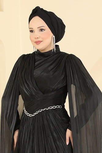 moda selvim Taş İşlemeli Pelerinli Abiye 5717DMNK1166 Siyah - Thumbnail