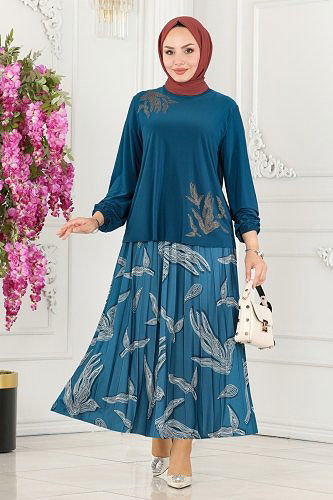 moda selvim Taş İşlemeli Sandy Takım 2009MEY846 Petrol - Thumbnail