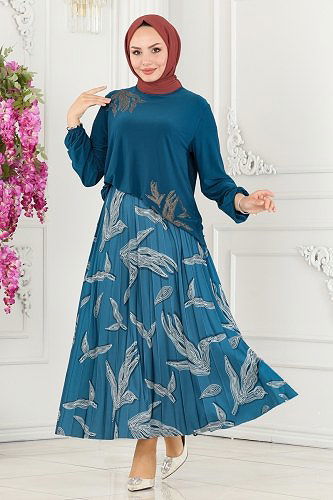 moda selvim Taş İşlemeli Sandy Takım 2009MEY846 Petrol - Thumbnail