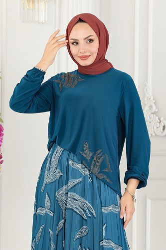 moda selvim Taş İşlemeli Sandy Takım 2009MEY846 Petrol - Thumbnail