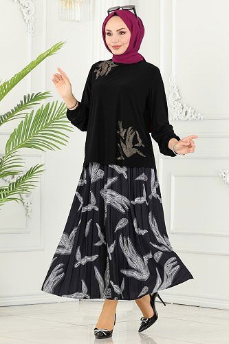 moda selvim Taş İşlemeli Sandy Takım 2009MEY846 Siyah - Thumbnail