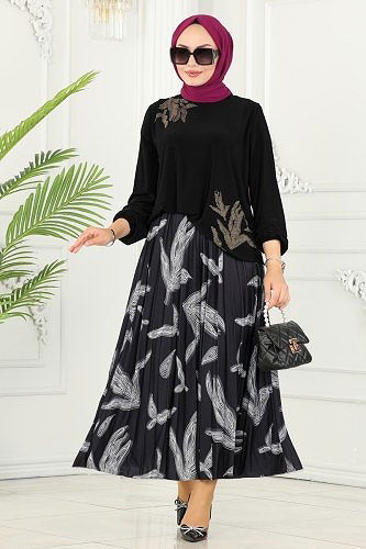 moda selvim Taş İşlemeli Sandy Takım 2009MEY846 Siyah - Thumbnail