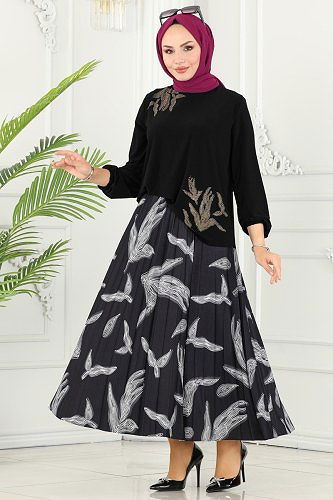 moda selvim Taş İşlemeli Sandy Takım 2009MEY846 Siyah - Thumbnail