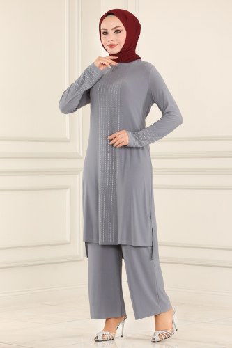 moda selvim Taş İşlemeli Sandy Takım ASM2585 Gri - Thumbnail
