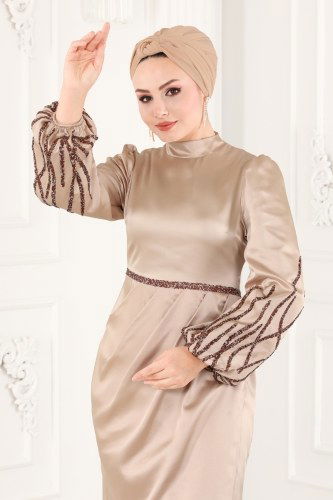 moda selvim Taş İşlemeli Saten Abiye 6466YG95 Taş - Thumbnail