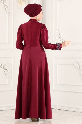 moda selvim Taş İşlemeli Saten Abiye 6468YG95 Bordo - Thumbnail