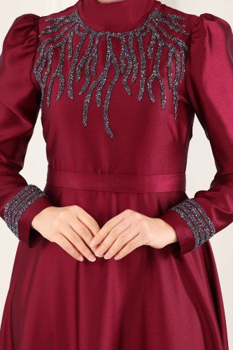 moda selvim Taş İşlemeli Saten Abiye 6468YG95 Bordo - Thumbnail