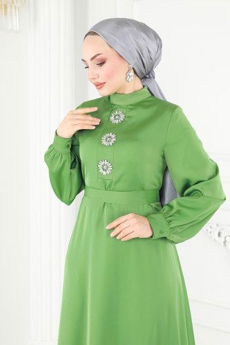 moda selvim Taş İşlemeli Saten Abiye Elbise 201OFR845 Yeşil - Thumbnail