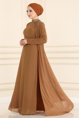 moda selvim Taş İşlemeli Şifon Abiye 2214PN204 Taba - Thumbnail