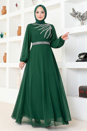 moda selvim Taş İşlemeli Şifon Abiye LPN6025-M Zümrüt - Thumbnail