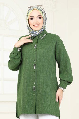 moda selvim Taş İşlemeli Takım 2002HBS856 Haki&Ekru - Thumbnail