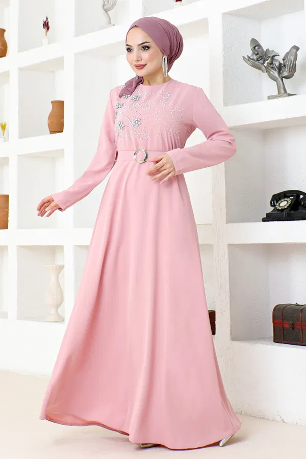 Modaselvim SEPETTE NET %20+%20 İNDİRİM Taş İşlemeli Tesettür Abiye SHD5387-M Pudra