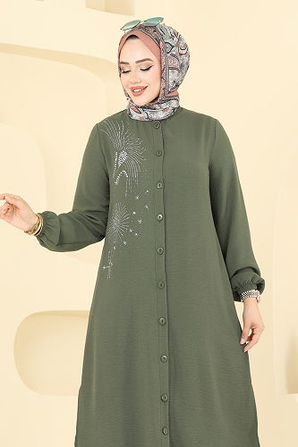 moda selvim Taş İşlemeli Tesettür Takım 440DVL817 Haki - Thumbnail