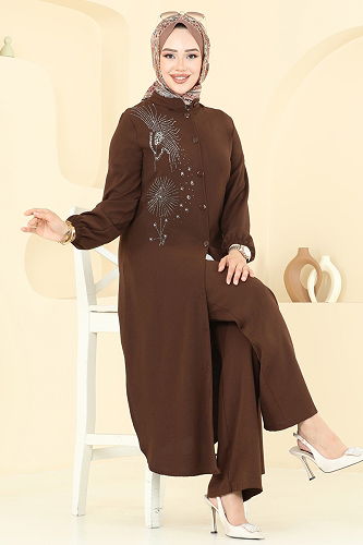 moda selvim Taş İşlemeli Tesettür Takım 440DVL817 Kahve - Thumbnail