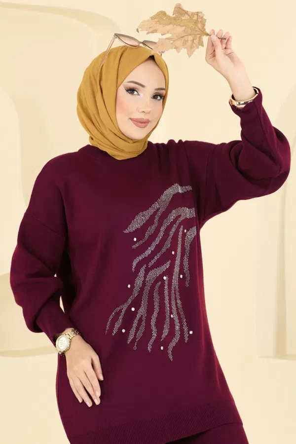 Modaselvim Kombin Taş İşlemeli Triko Takım 1106MT581 Bordo
