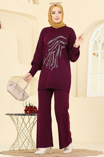 moda selvim Taş İşlemeli Triko Takım 1106MT581 Bordo - Thumbnail