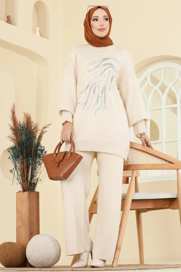 Modaselvim Kombin Taş İşlemeli Triko Takım 1106MT581 Taş