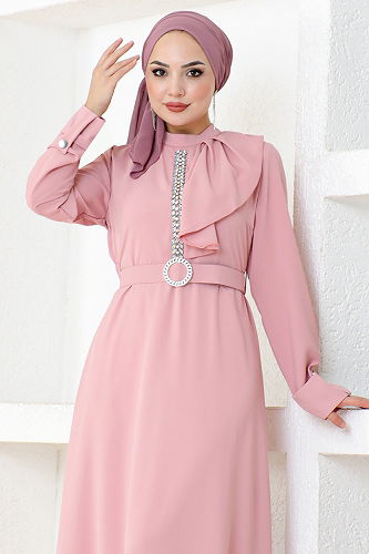 moda selvim Taş Kemerli Abiye SHD5326-M Pudra - Thumbnail