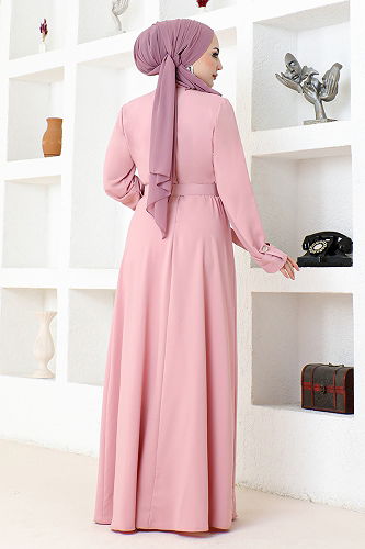 moda selvim Taş Kemerli Abiye SHD5326-M Pudra - Thumbnail