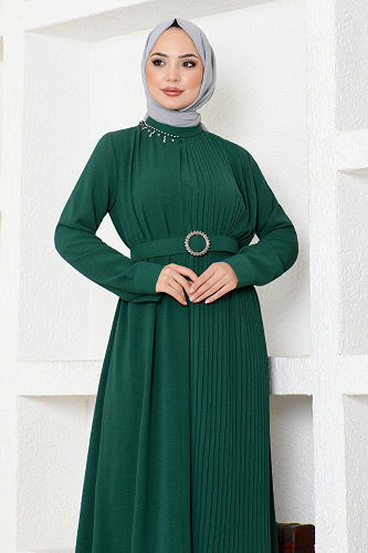 moda selvim Taş Kemerli Elbise ASN125-M Zümrüt - Thumbnail