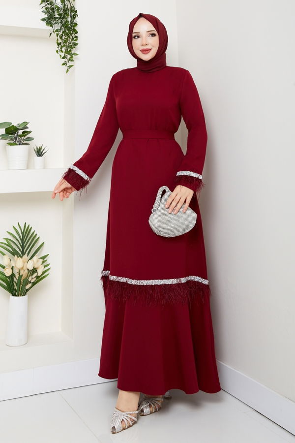 Modaselvim Büyük Beden Elbise Taş Şerit Detaylı Abiye 1353MP806 Bordo