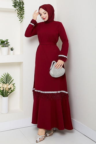 moda selvim Taş Şerit Detaylı Abiye 1353MP806 Bordo - Thumbnail