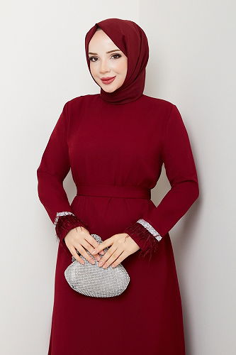 moda selvim Taş Şerit Detaylı Abiye 1353MP806 Bordo - Thumbnail