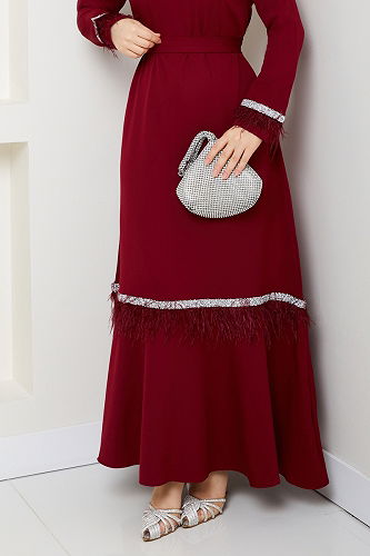 moda selvim Taş Şerit Detaylı Abiye 1353MP806 Bordo - Thumbnail