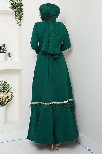 moda selvim Taş Şerit Detaylı Abiye 1353MP806 Zümrüt - Thumbnail