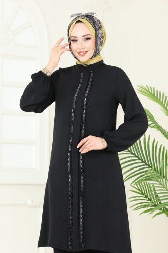 moda selvim Taş Şeritli Tesettür Takım 367DVL817 Siyah - Thumbnail