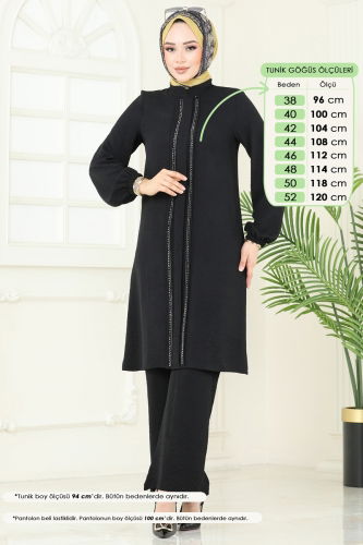 moda selvim Taş Şeritli Tesettür Takım 367DVL817 Siyah - Thumbnail