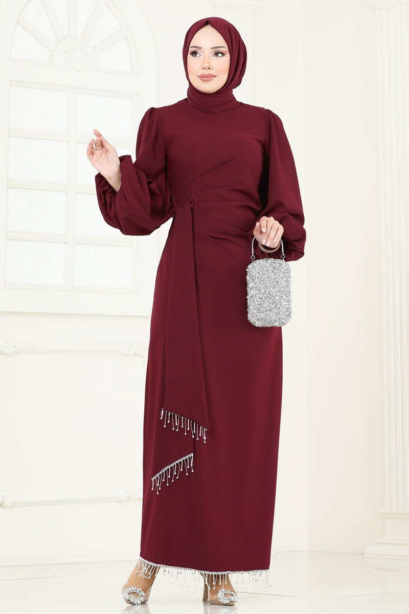 Taşlı Abiye Elbise 6225BSK463 Açık Bordo