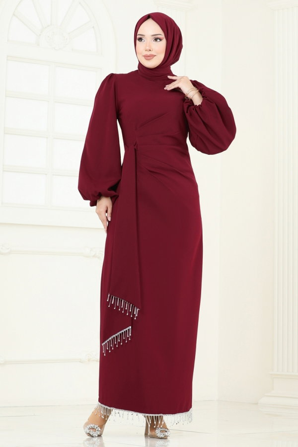 Modaselvim ABİYE Taşlı Abiye Elbise 6225BSK463 Açık Bordo