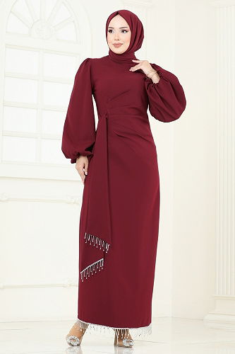 moda selvim Taşlı Abiye Elbise 6225BSK463 Bordo - Thumbnail