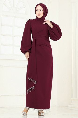moda selvim Taşlı Abiye Elbise 6225BSK463 Bordo - Thumbnail