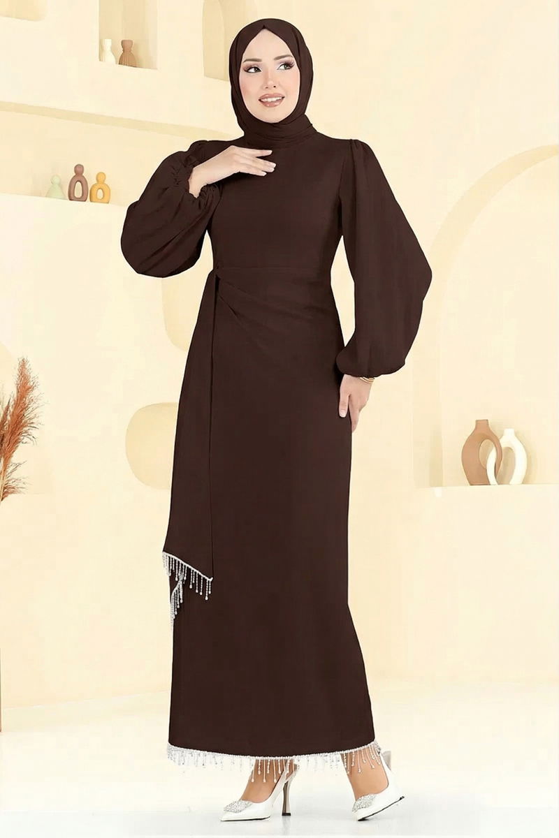Taşlı Abiye Elbise 6225BSK463 Kahve