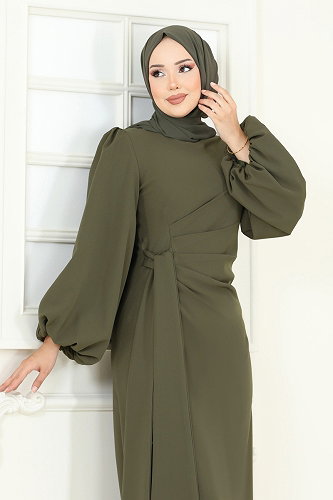 moda selvim Taşlı Abiye Elbise 6225BSK463 Koyu Haki - Thumbnail