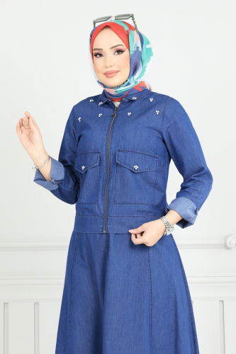 moda selvim Taşlı Ceketli Kot Takım 4464MSM187 Kot - Thumbnail