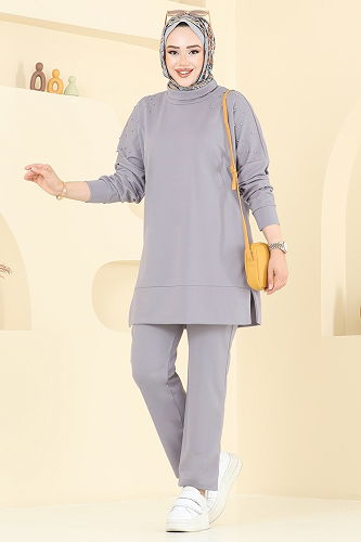 moda selvim Taşlı Degaje Yaka Takım 2711AYD574 Gri - Thumbnail