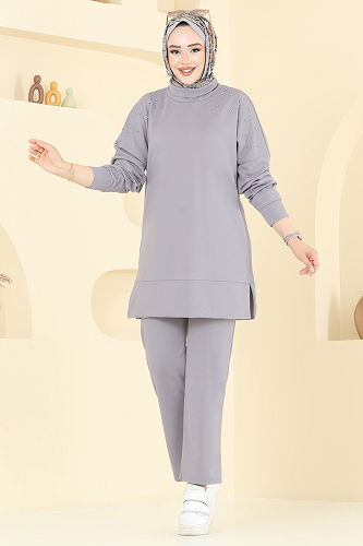 moda selvim Taşlı Degaje Yaka Takım 2711AYD574 Gri - Thumbnail