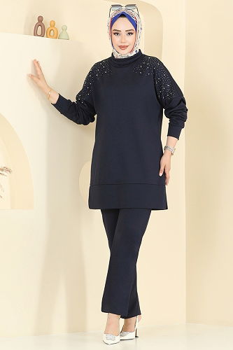 moda selvim Taşlı Degaje Yaka Takım 2711AYD574 Laci - Thumbnail