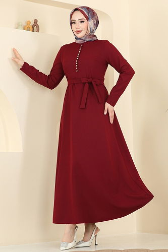 moda selvim Taşlı Düğme Detaylı Elbise 4179ZNN863 Bordo - Thumbnail