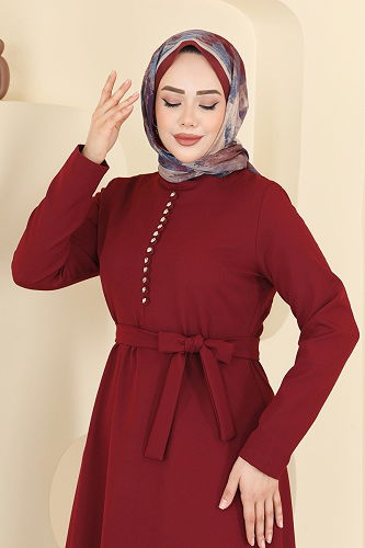 moda selvim Taşlı Düğme Detaylı Elbise 4179ZNN863 Bordo - Thumbnail