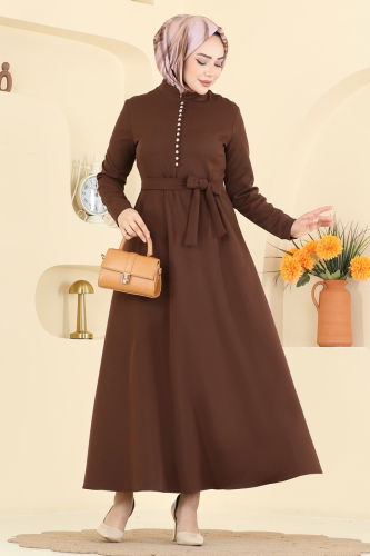 Z.N.N. - Taşlı Düğme Detaylı Elbise 4179ZNN863 Kahve